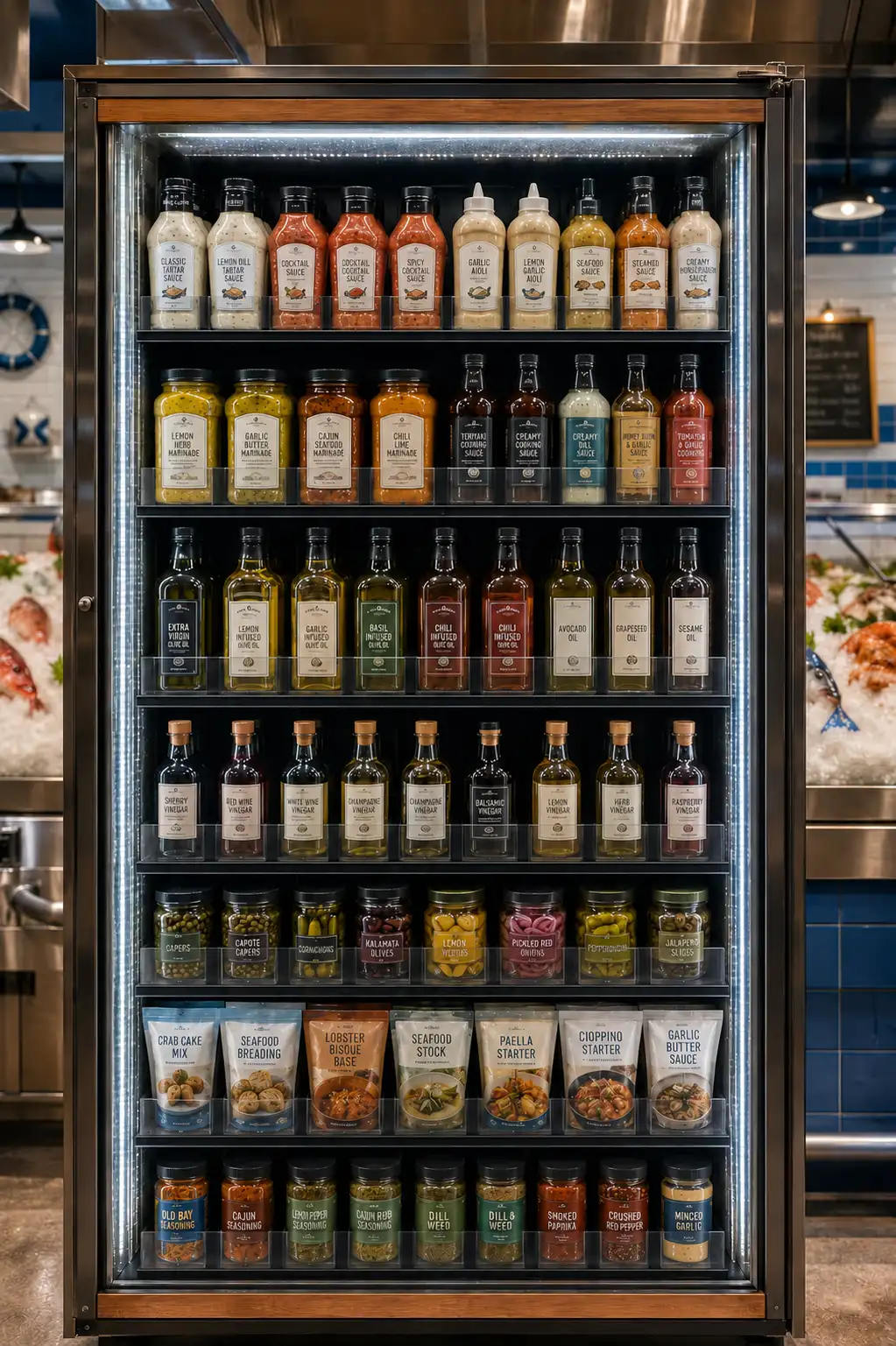Colonne de bouteilles en poissonnerie — Gestion de tablettes pour poissonneries | Concept P.O.S. Colonne encadrée de bouteilles d'huiles et de sauces d'accompagnement au rayon de la poissonnerie