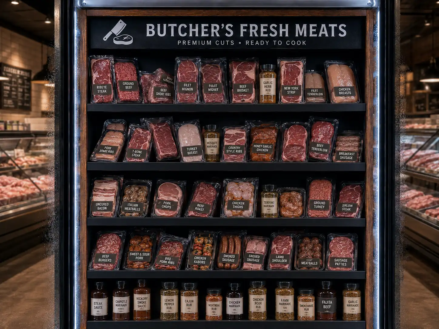 Ready-to-cook butcher cuts — Shelf Management Systems for Butcher Shops | Concept P.O.S. Ready-to-cook butcher shop cuts on angled shelves with a bottom row of sauces