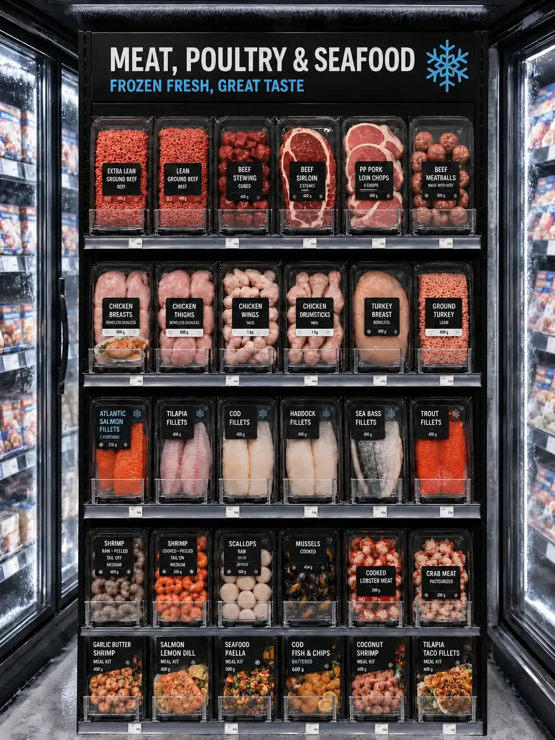 Comptoir réfrigéré d'épicerie : barquettes de viande et poisson tenues au front par des poussoirs
