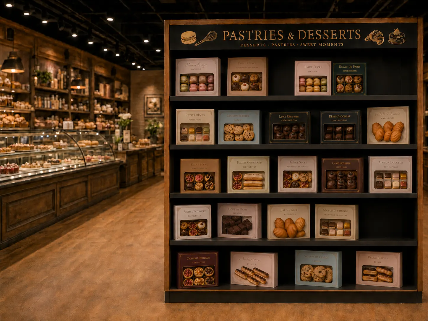 Îlot de desserts en boulangerie — Systèmes de poussoirs à tablettes pour desserts | Concept P.O.S. Vue d'ensemble d'un présentoir de desserts en bois, casiers pleins devant le comptoir de la boulangerie