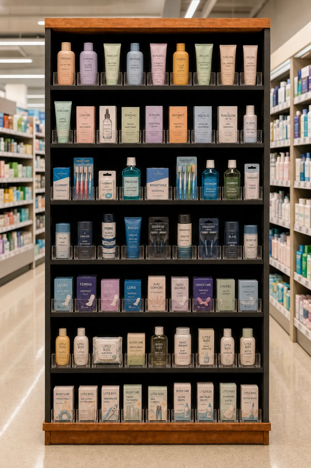 Gondole de supermarché où les bouteilles sont alignées une à une sur cinq tablettes