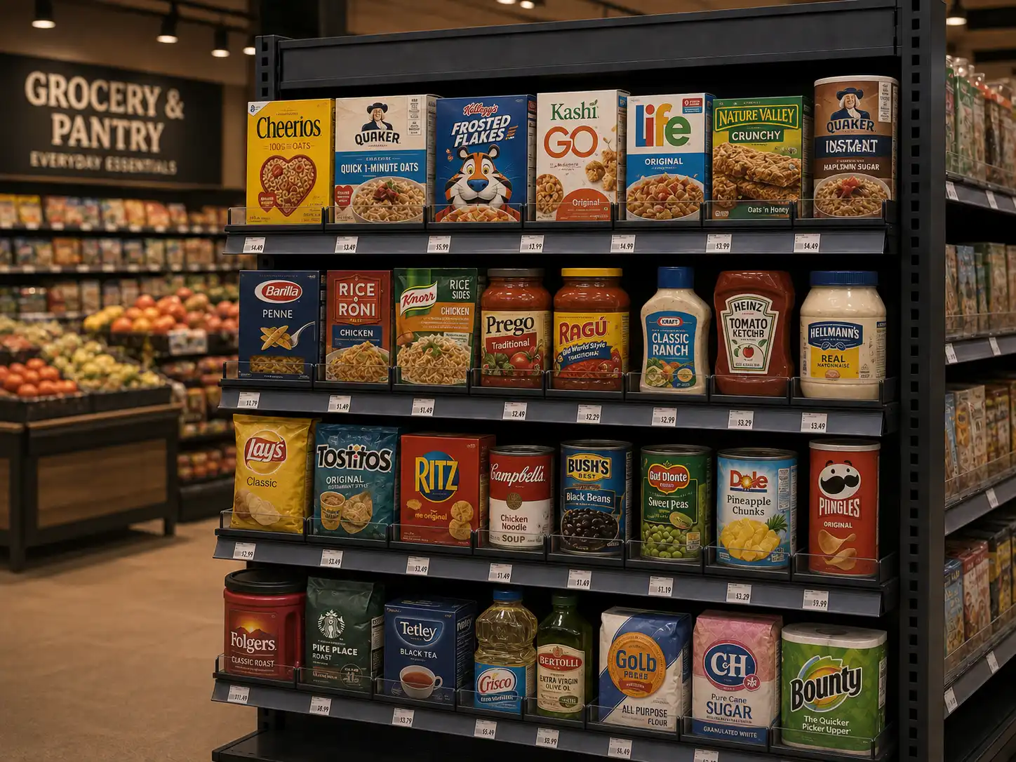 Gros plan d'un présentoir de supermarché : céréales, condiments et conserves serrés côte à côte