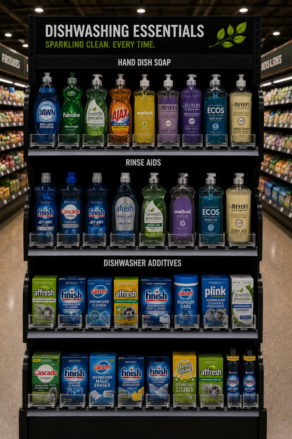 Dishwashing bay of a household cleaning aisle: hand soaps, rinse aids and machine additives
