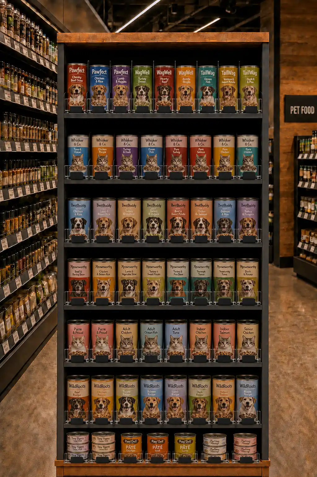 Allée d'animalerie vue de face, sachets et boîtes ramenés au bord de chaque tablette