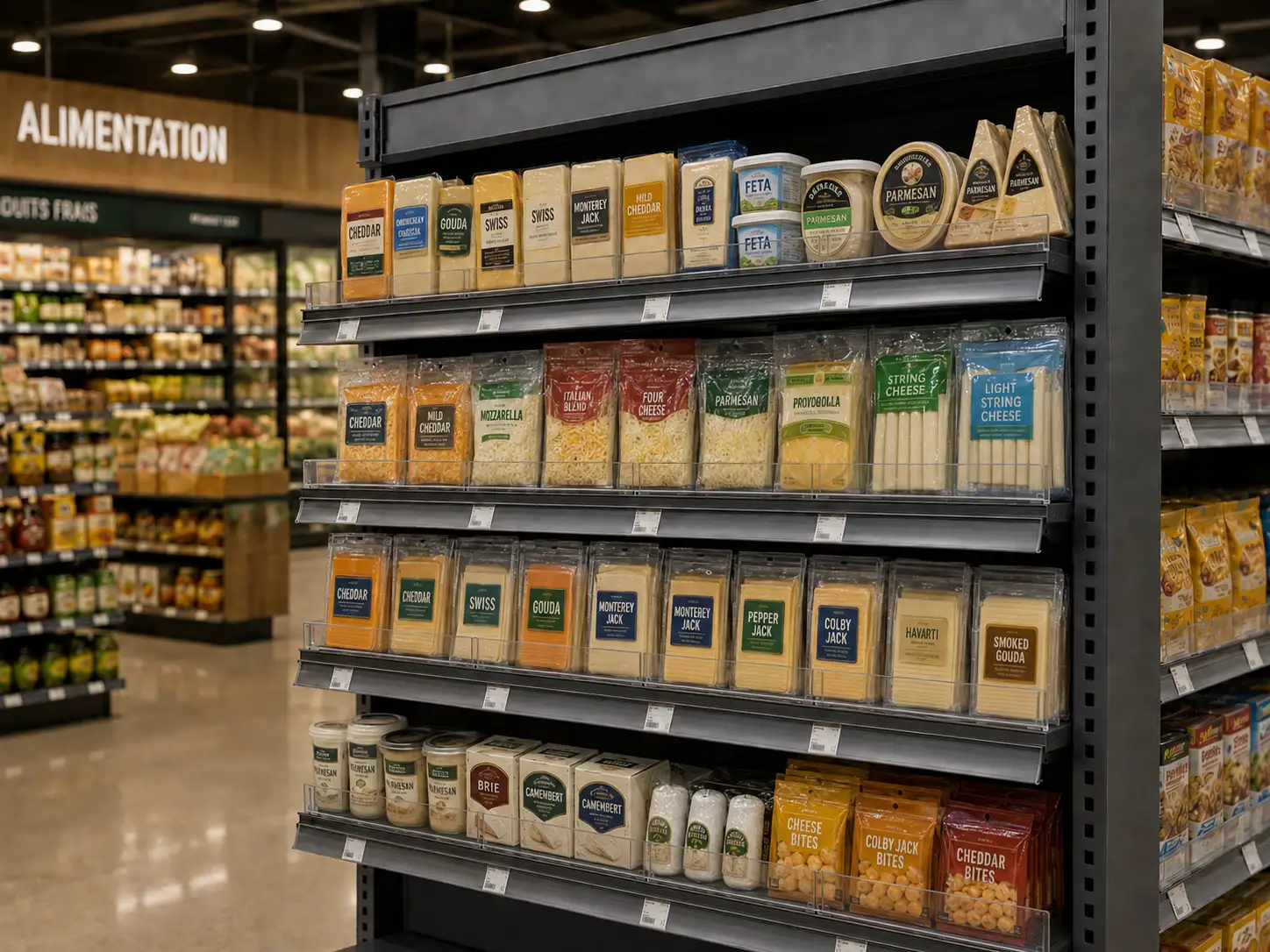 Rayon de fromages sur tablettes noires perforées, vue de trois quarts vers le fond du magasin