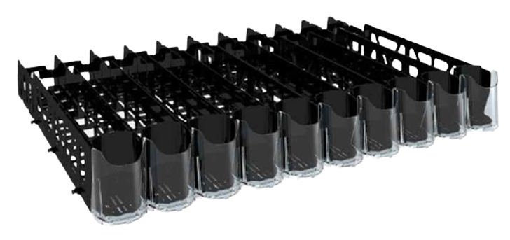 Poussoir à boissons à butoirs transparents — Concept P.O.S. Poussoir noir à boissons, à plusieurs pistes, avec butoirs transparents