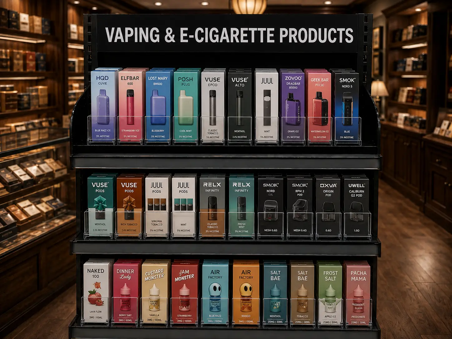 Rayon de vapotage voisin du tabac et des cigarettes, boîtes colorées classées par séparateurs