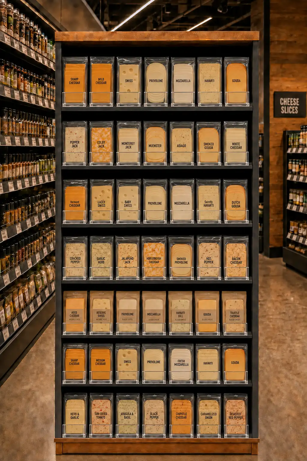 Colonne de blocs de fromage jaune parfaitement alignés, tablette après tablette, rayon plein