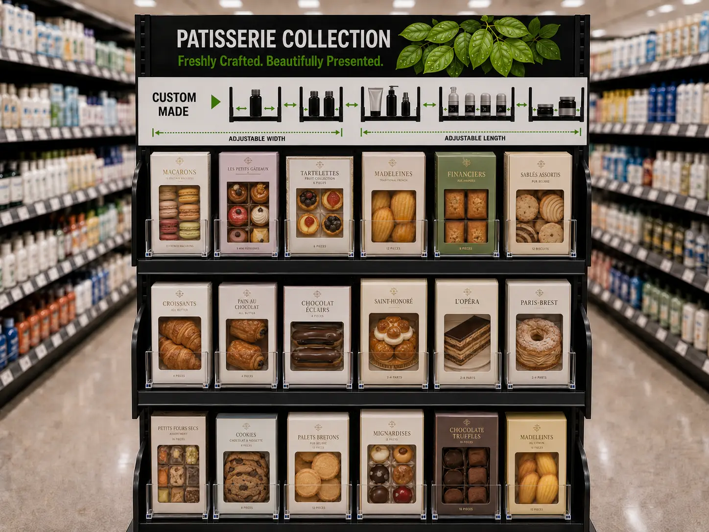 Poussoirs sur mesure pour desserts — Systèmes de poussoirs à tablettes pour desserts | Concept P.O.S. Présentoir de desserts avec poussoirs sur mesure : largeur et longueur ajustées à chaque emballage