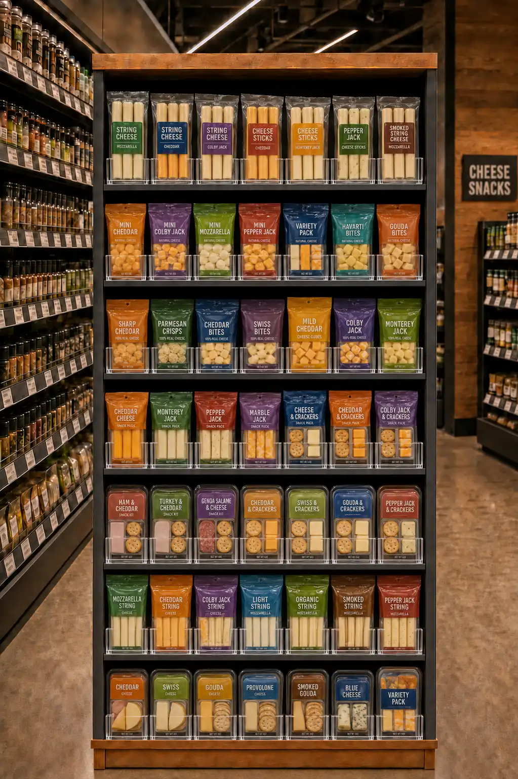 Gondole de fromages variés aux emballages colorés, rangs maintenus droits par les séparateurs