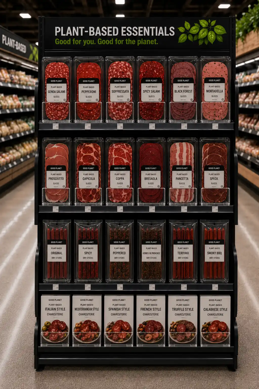 Charcuterie sur tablettes dégarnies — Systèmes de poussoirs à tablettes pour charcuterie | Concept P.O.S. Présentoir de charcuterie partiellement dégarni : les poussoirs avancent les produits restants