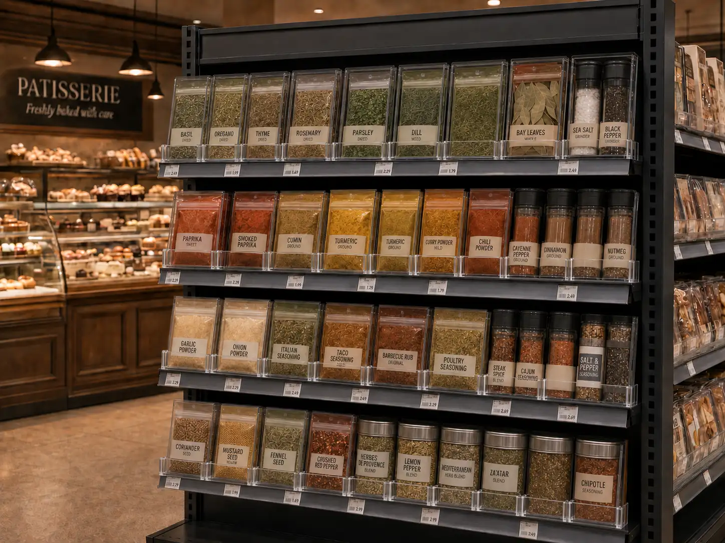 Angled view of spice shelves near the bakery, price display mouldings along the front