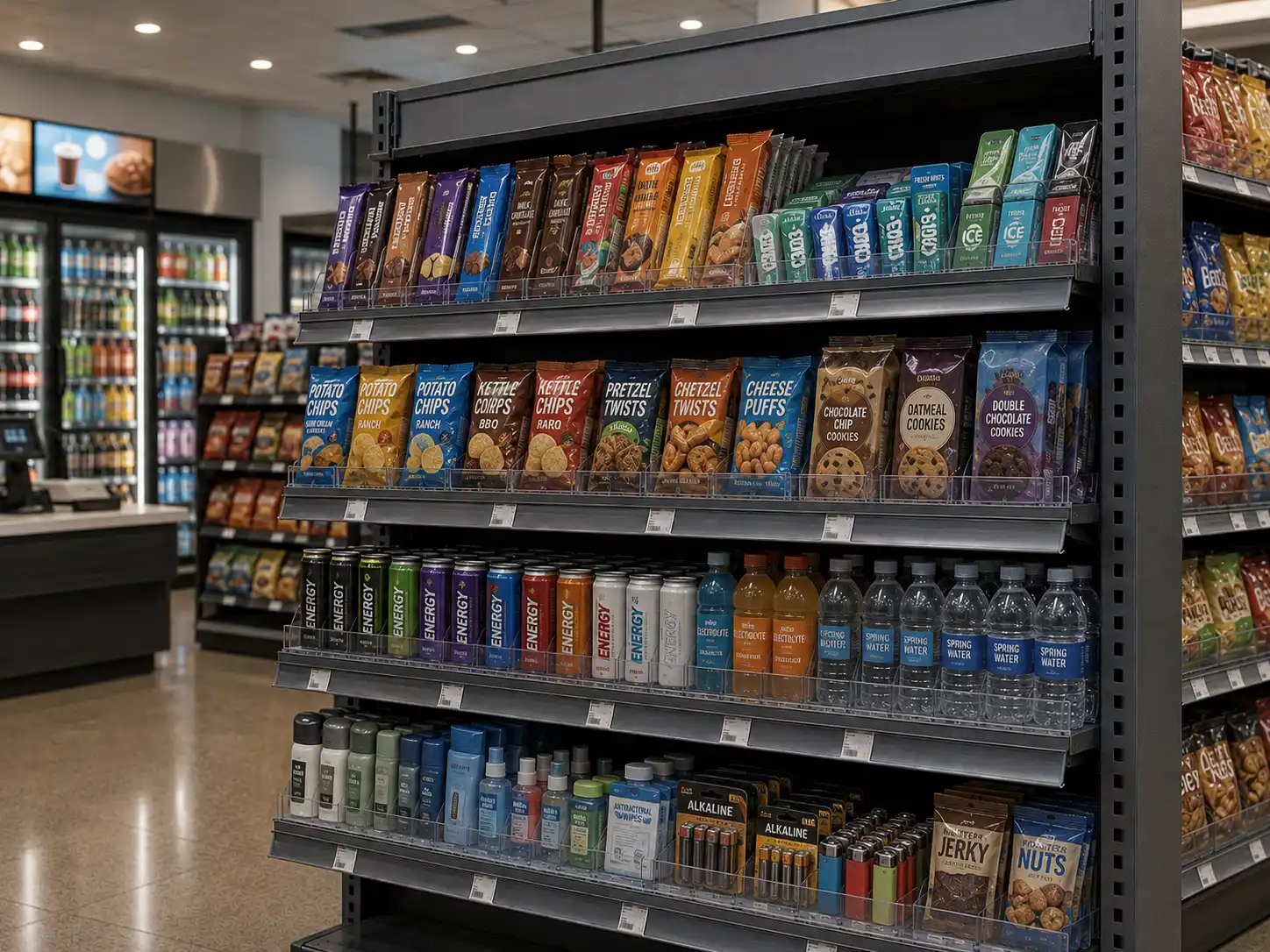 Convenience store aisle in perspective, black shelves stocked right up to the back coolers