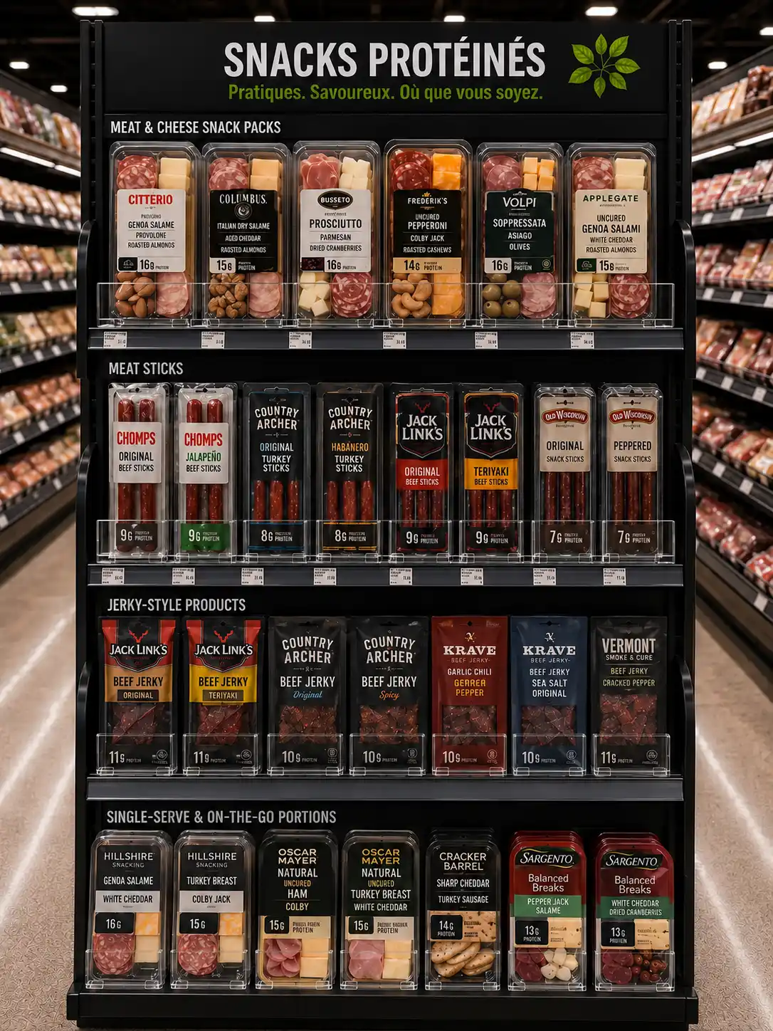 Collations de viande en charcuterie — Systèmes de poussoirs à tablettes pour charcuterie | Concept P.O.S. Section de collations de viande près du rayon charcuterie, produits ramenés vers l'avant