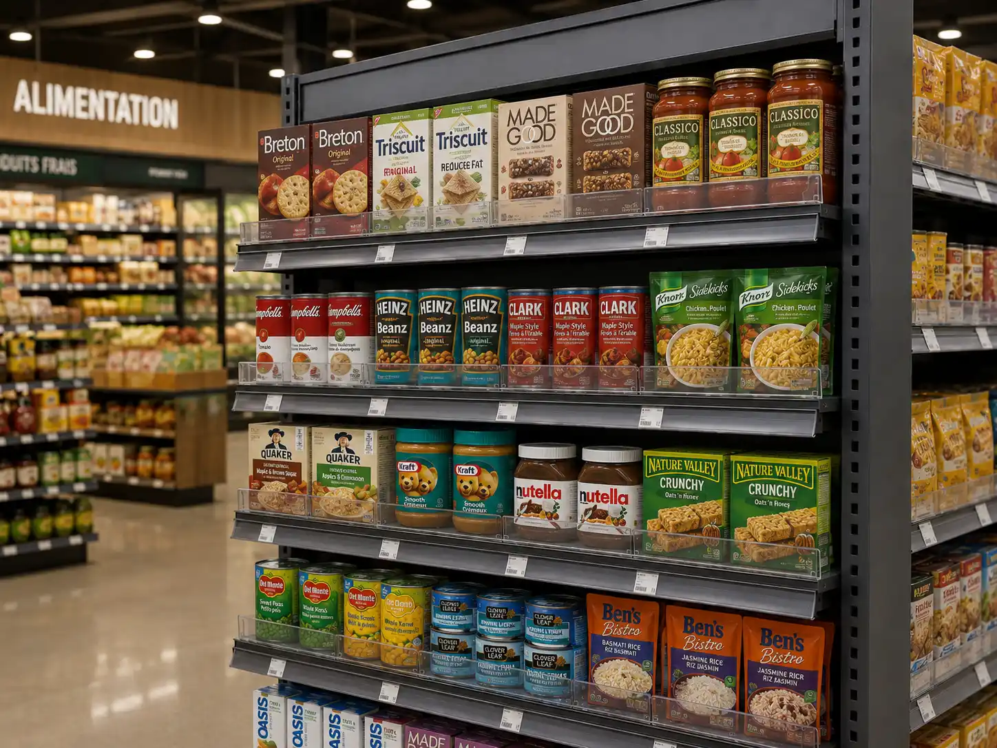 Allée d'épicerie vue en enfilade : conserves et biscuits alignés, étiquettes de prix en façade