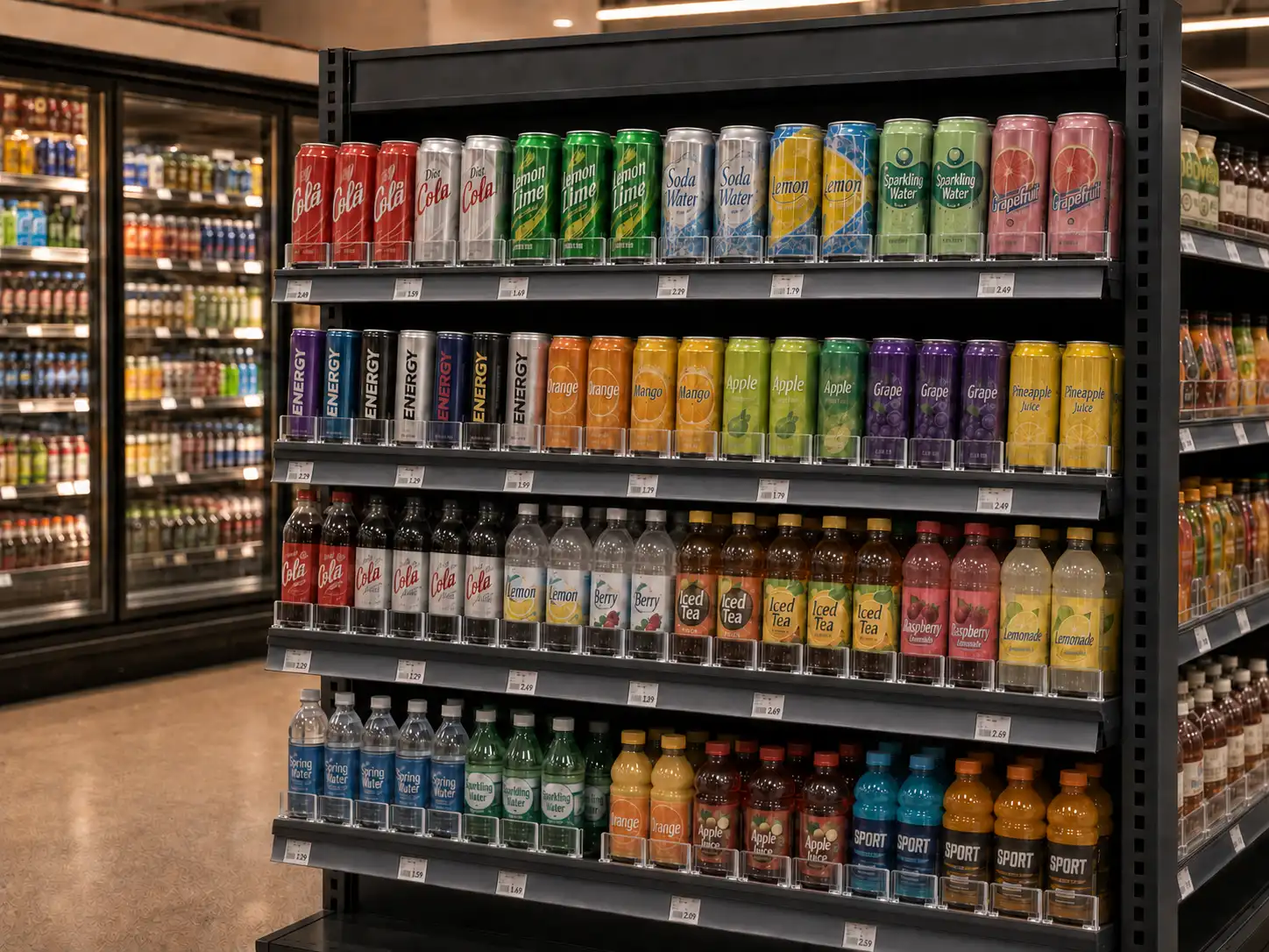 Beverage end-cap of bottled drinks standing across from the store's glass cooler doors