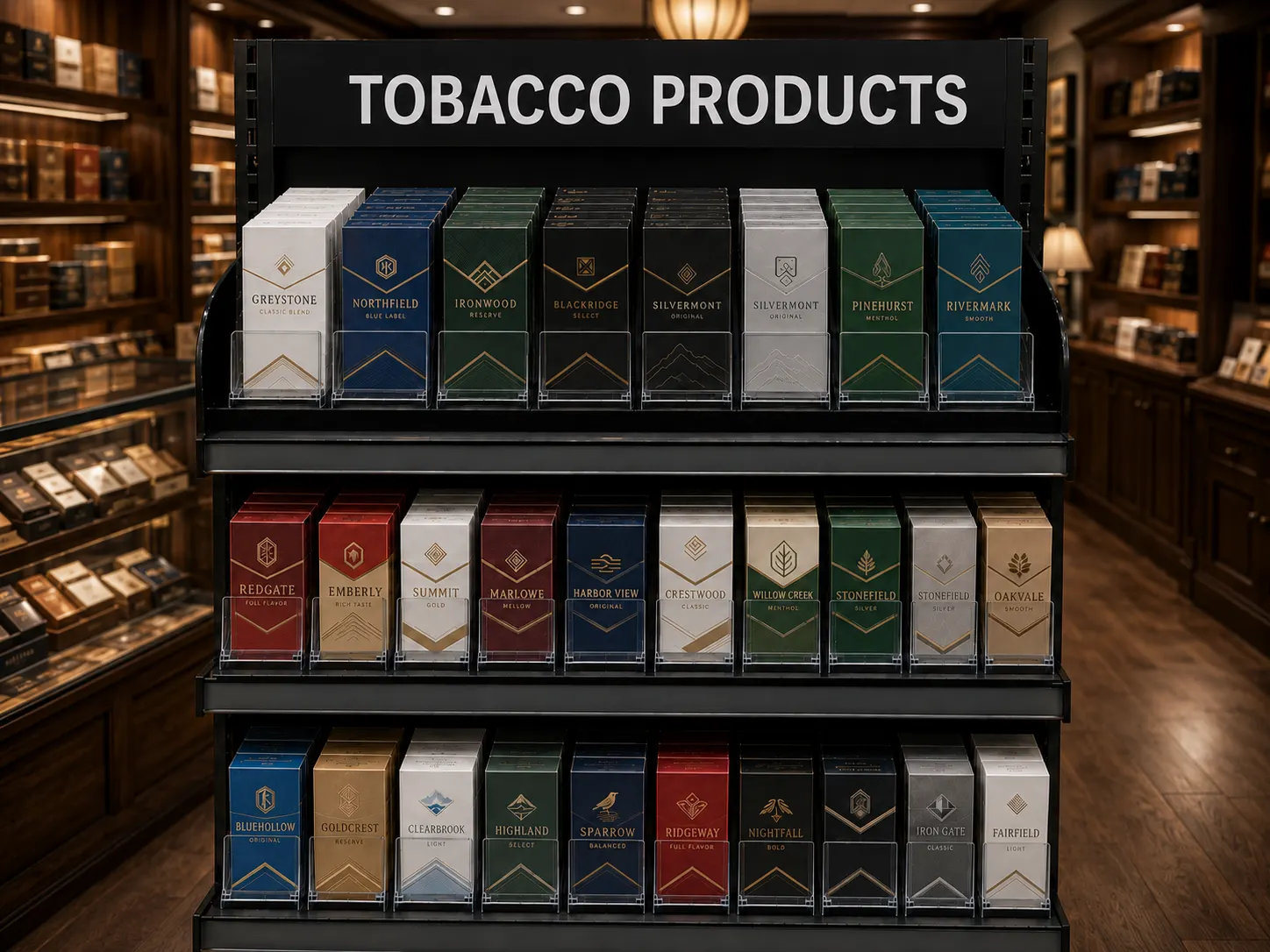Présentoir étagé de produits du tabac et de cigarettes, sachets ramenés en façade automatique