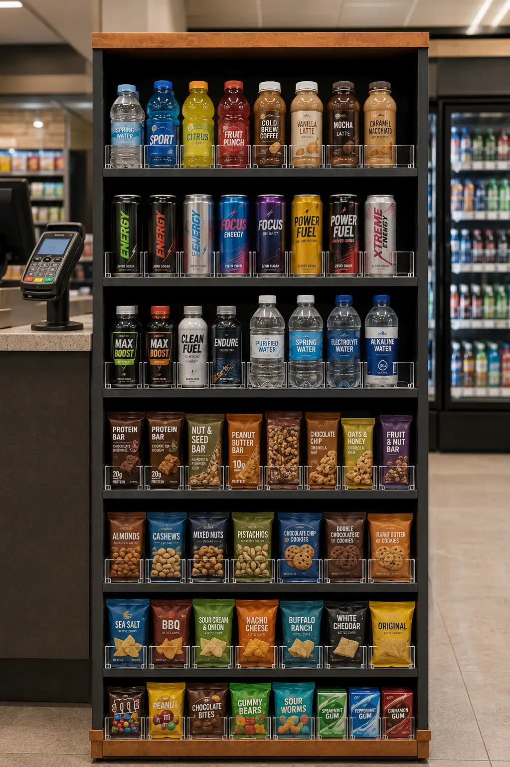 Wide view of a convenience store, the central display still neatly faced from the counter