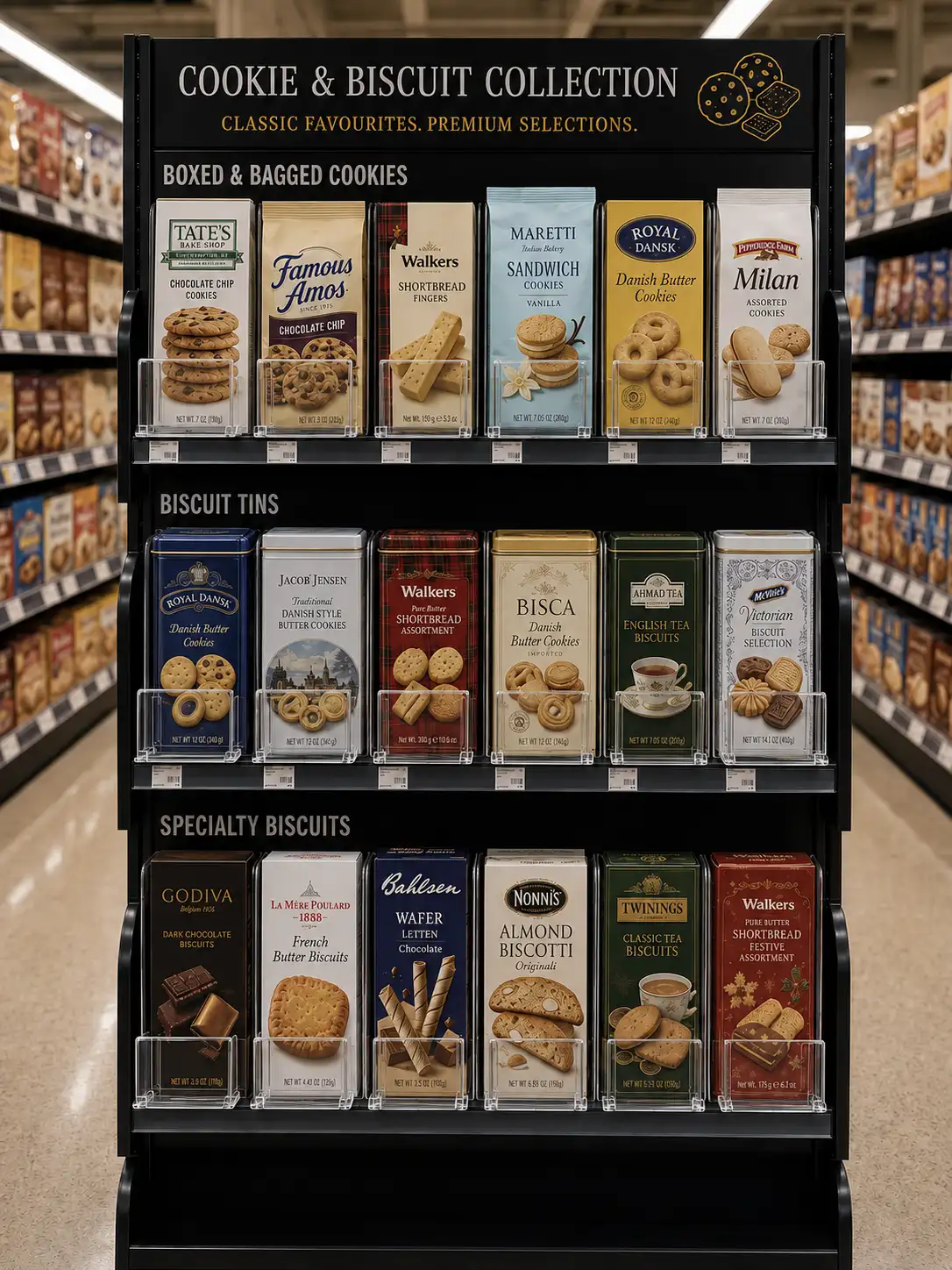 Présentoir de biscuits et desserts — Systèmes de poussoirs à tablettes pour desserts | Concept P.O.S. Présentoir de biscuits et de desserts sur trois niveaux, boîtes et sachets alignés au bord des tablettes