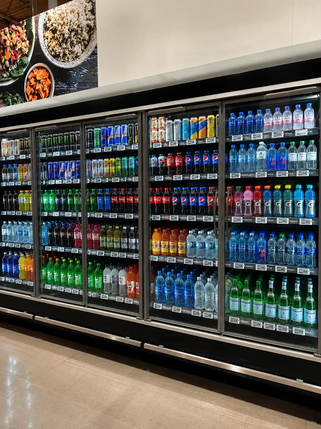 Mur réfrigéré à portes vitrées d'un micro-marché : rangées de bouteilles ramenées vers l'avant