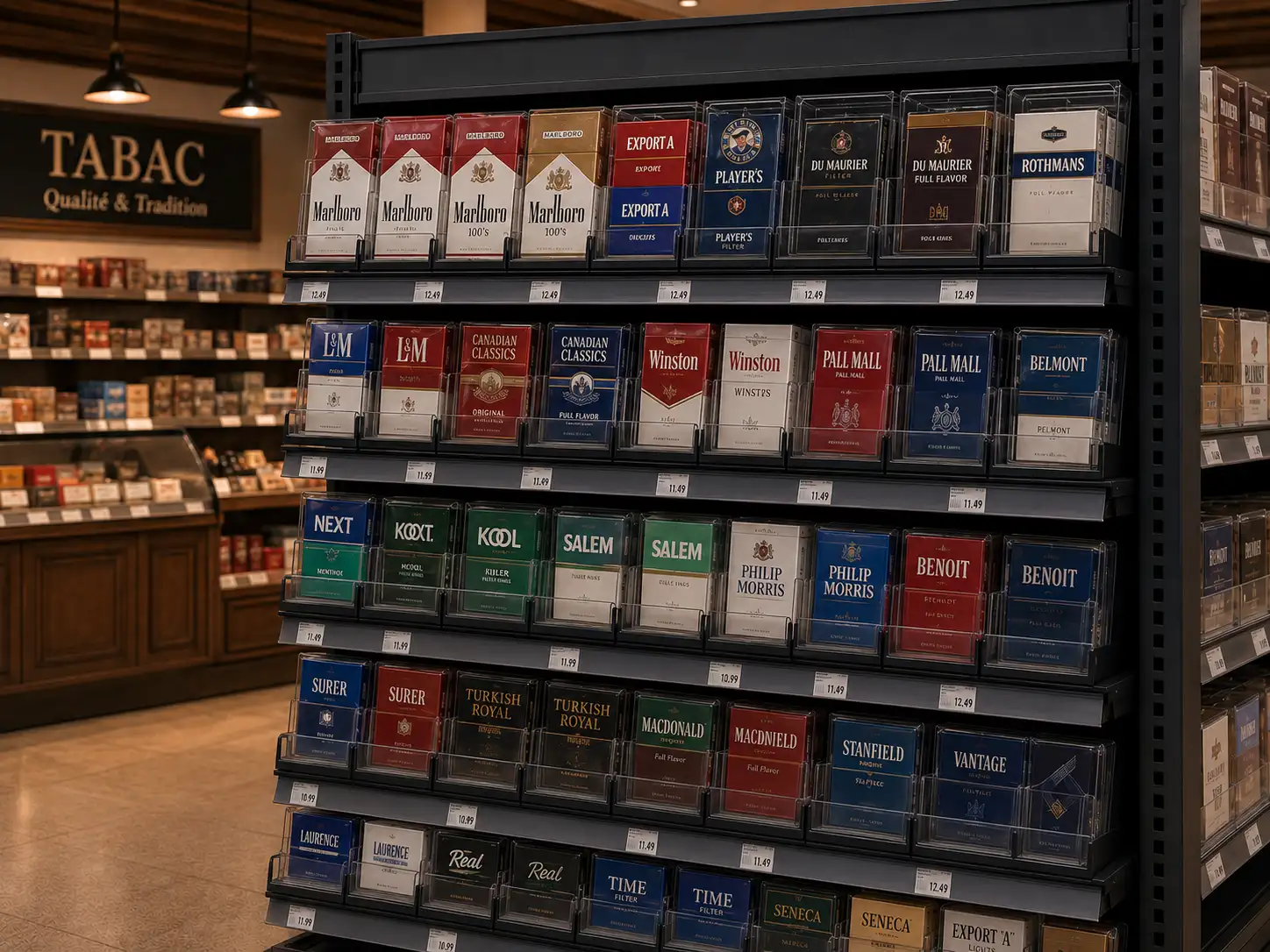 Comptoir de tabac vu de côté : paquets de cigarettes en rangées avec moulures d'affichage de prix