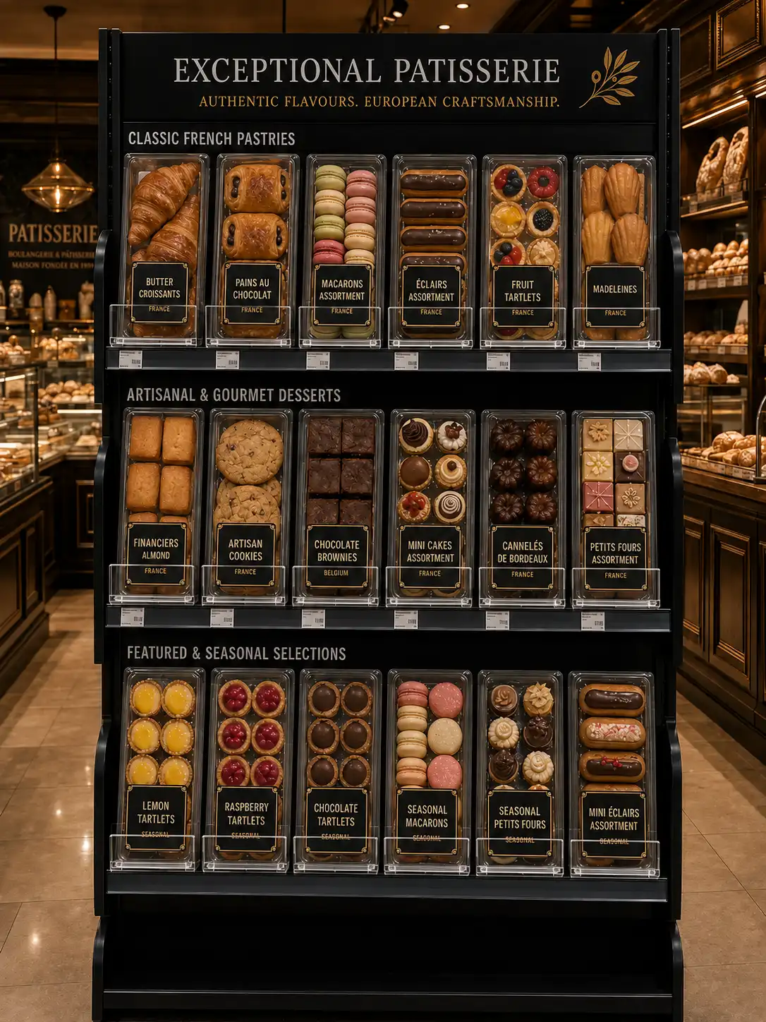 Colonne haute de desserts fins — Systèmes de poussoirs à tablettes pour desserts | Concept P.O.S. Colonne haute de desserts fins divisée en sections étiquetées, allée de magasin visible en arrière-plan