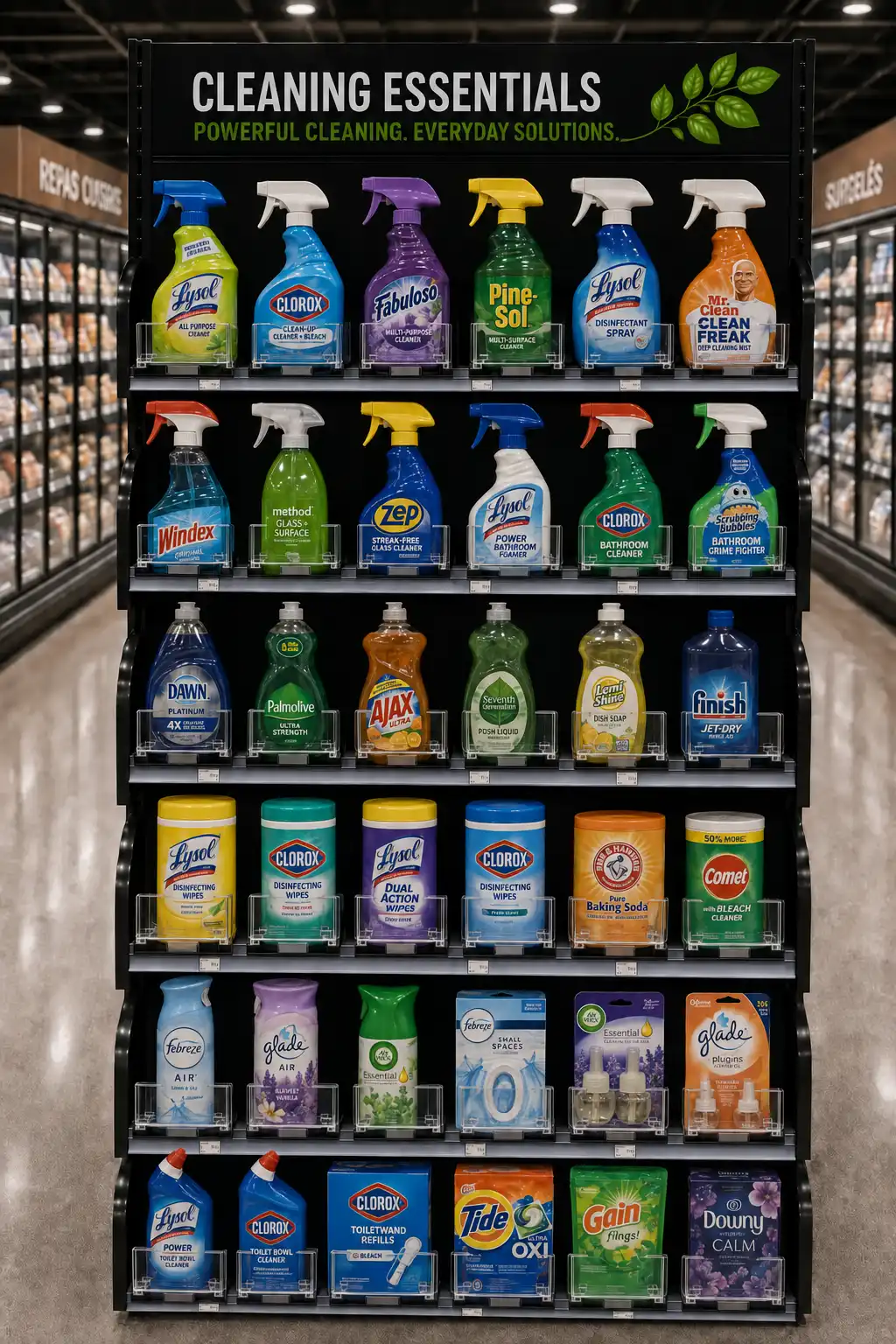 Household cleaning sprays held in straight rows on a narrow gondola in a store aisle