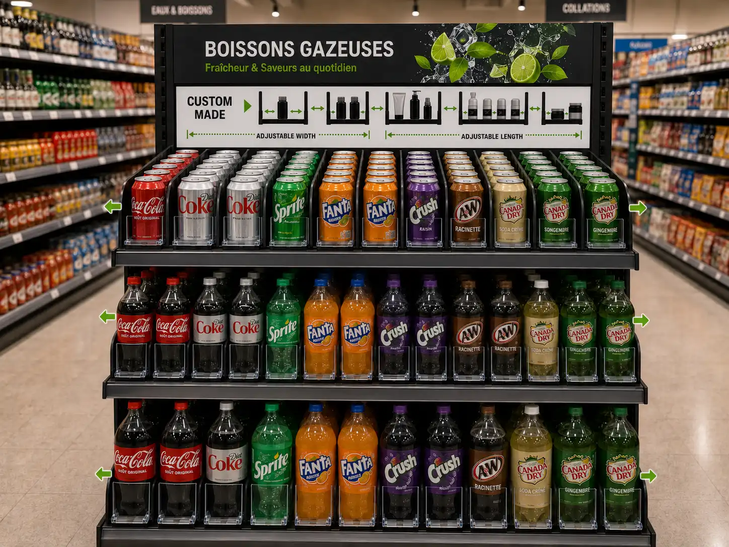 Custom-made beverage display with pusher width and length matched to the formats on sale