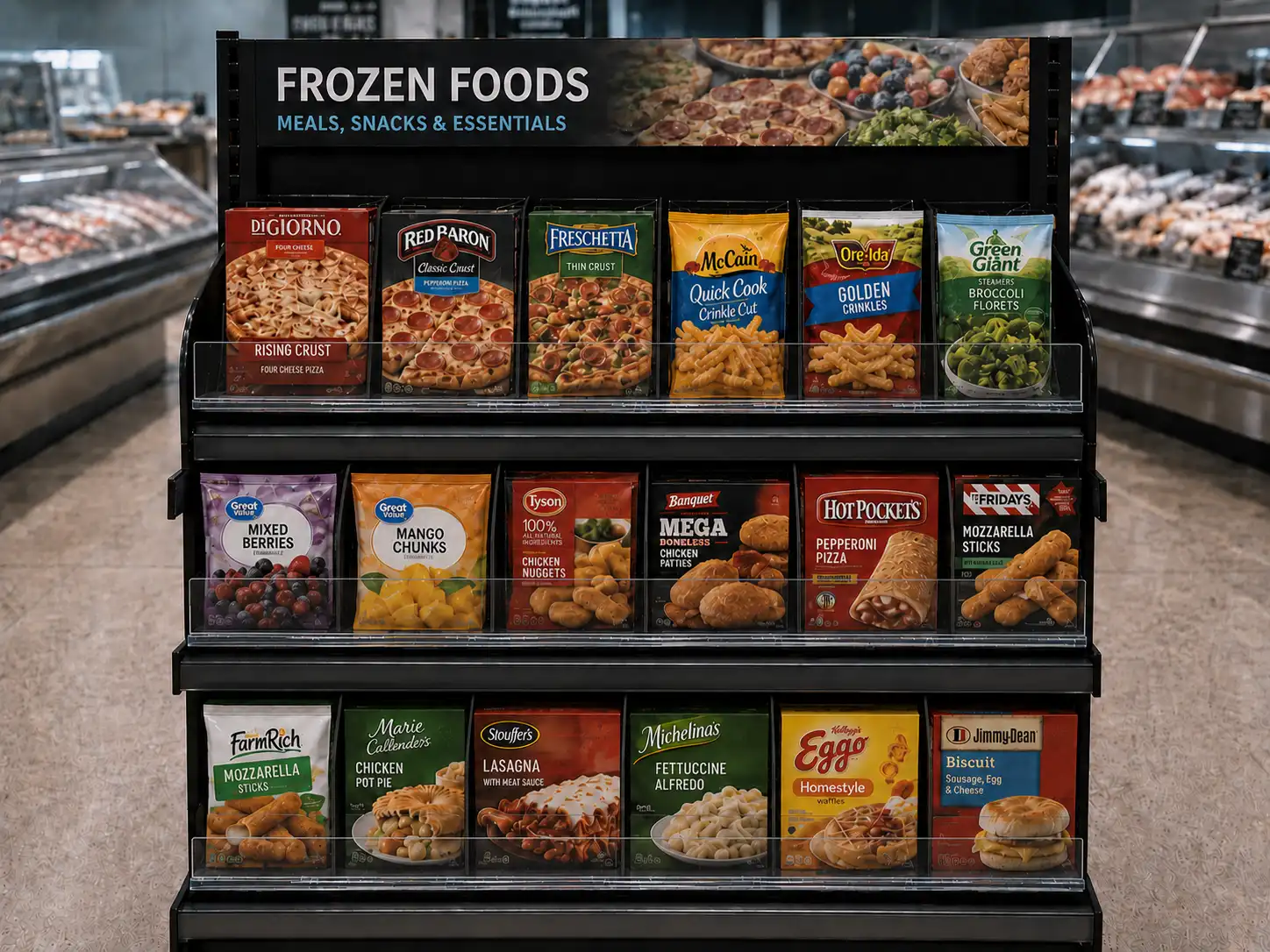 Head-on view of a frozen foods merchandiser: three full tiers with no box left at the back