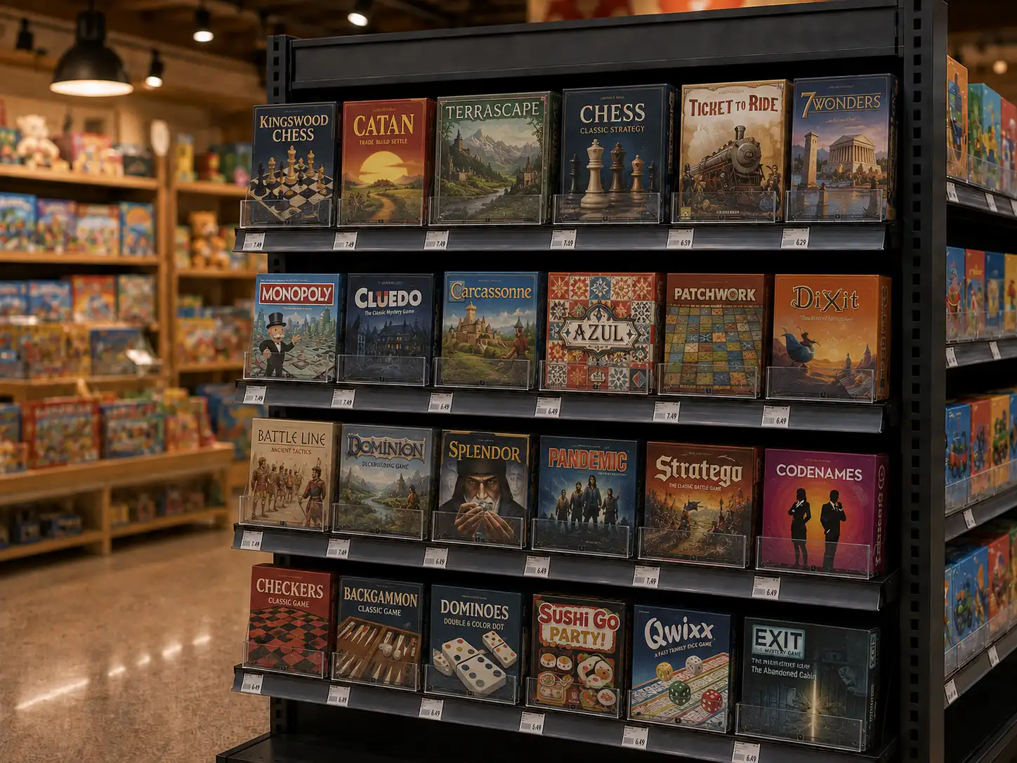 Enfilade de tablettes de jeux en magasin de jouets, séparateurs entre chaque colonne