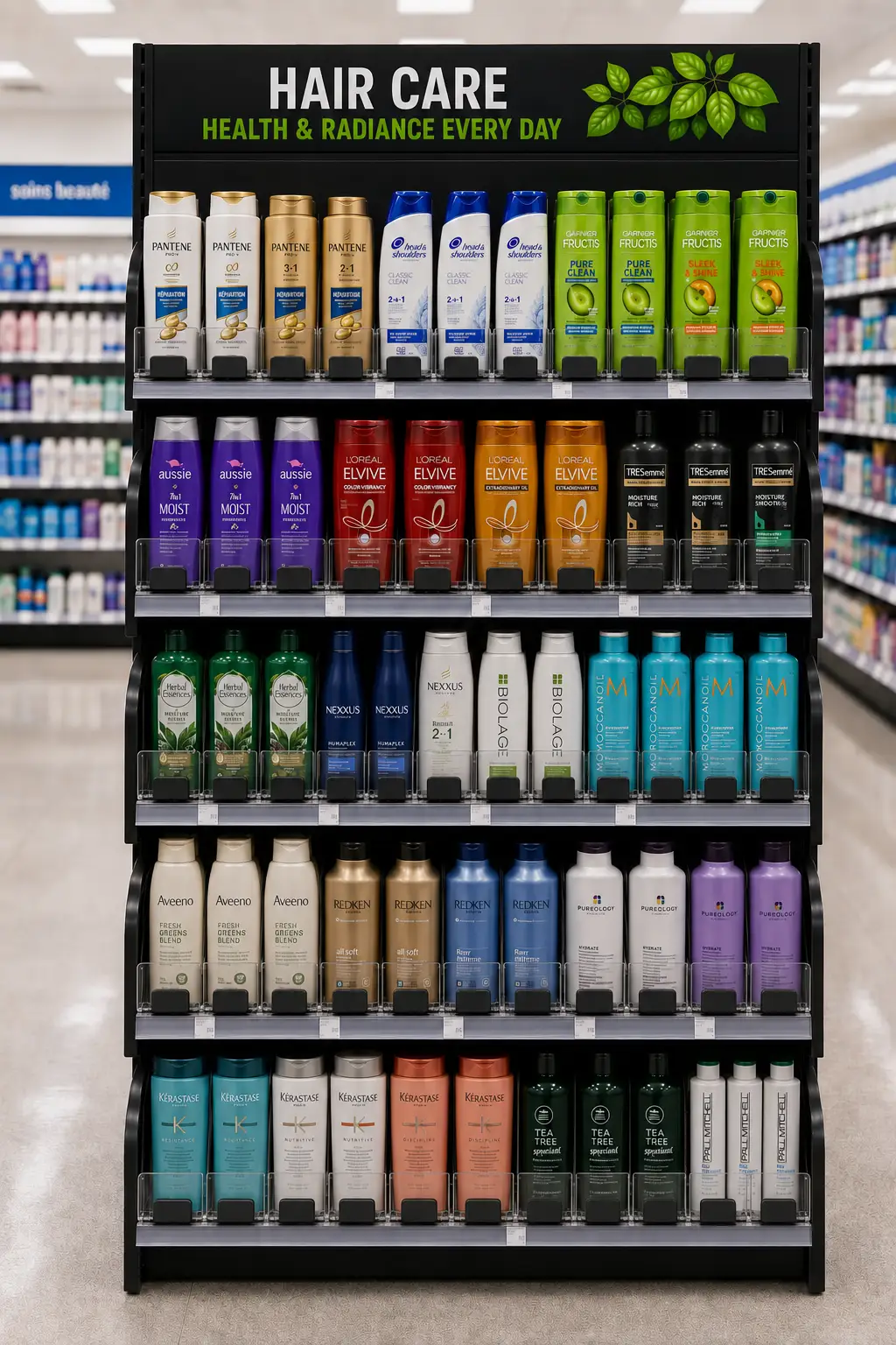 Hair care shelf display — Personal Care Shelf Management Systems | Concept P.O.S. Hair care bay in personal care with shampoo bottles held neatly at the shelf front