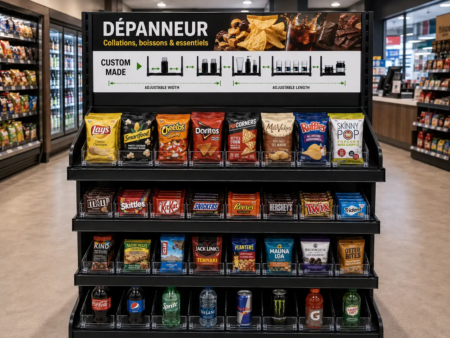 Custom-made convenience store display, chip bags on top and cans and drinks below
