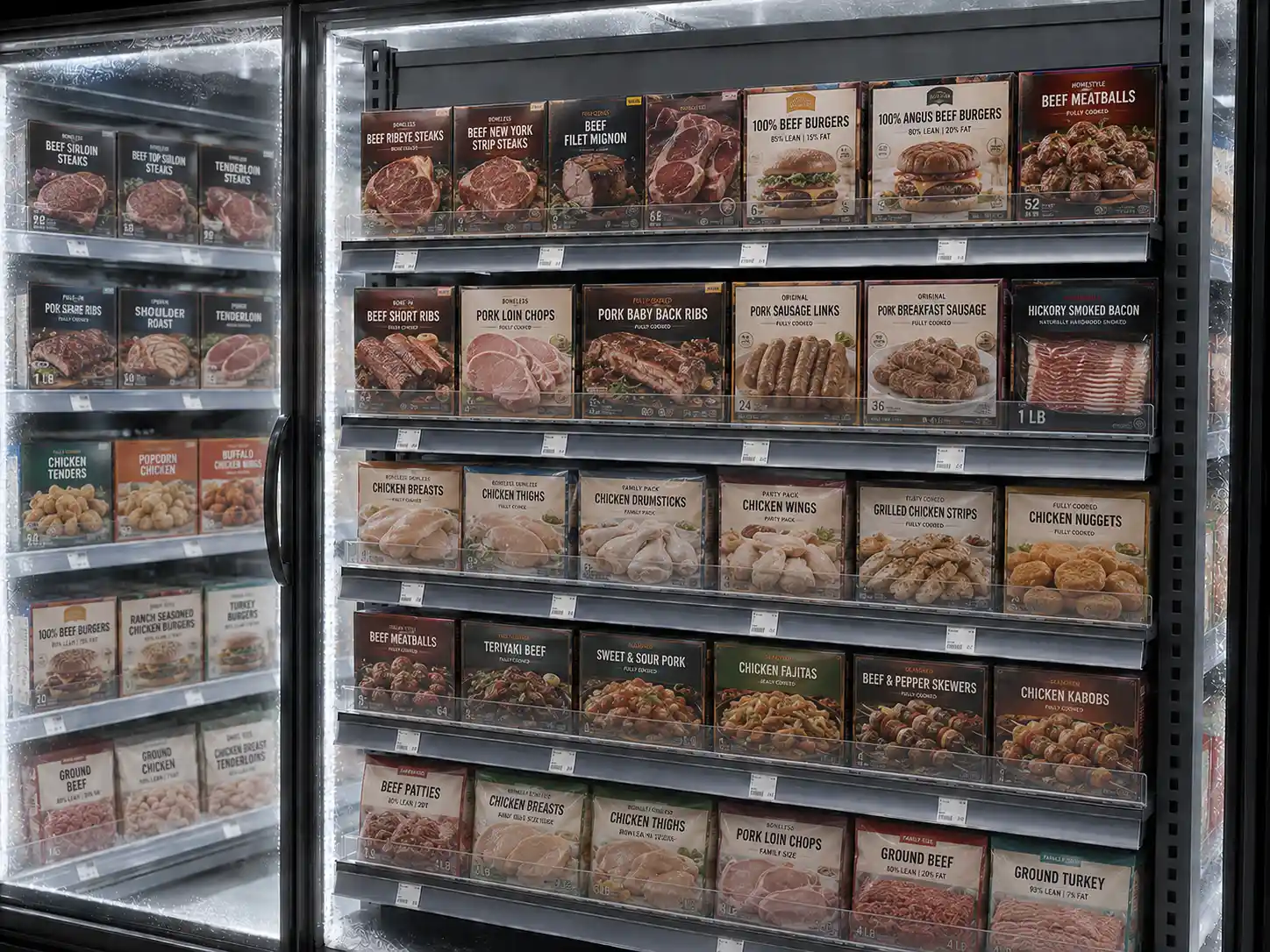 Open chilled butcher shop case — Shelf Management Systems for Butcher Shops | Concept P.O.S. Open refrigerated butcher shop case with meat trays lined up on chrome shelves