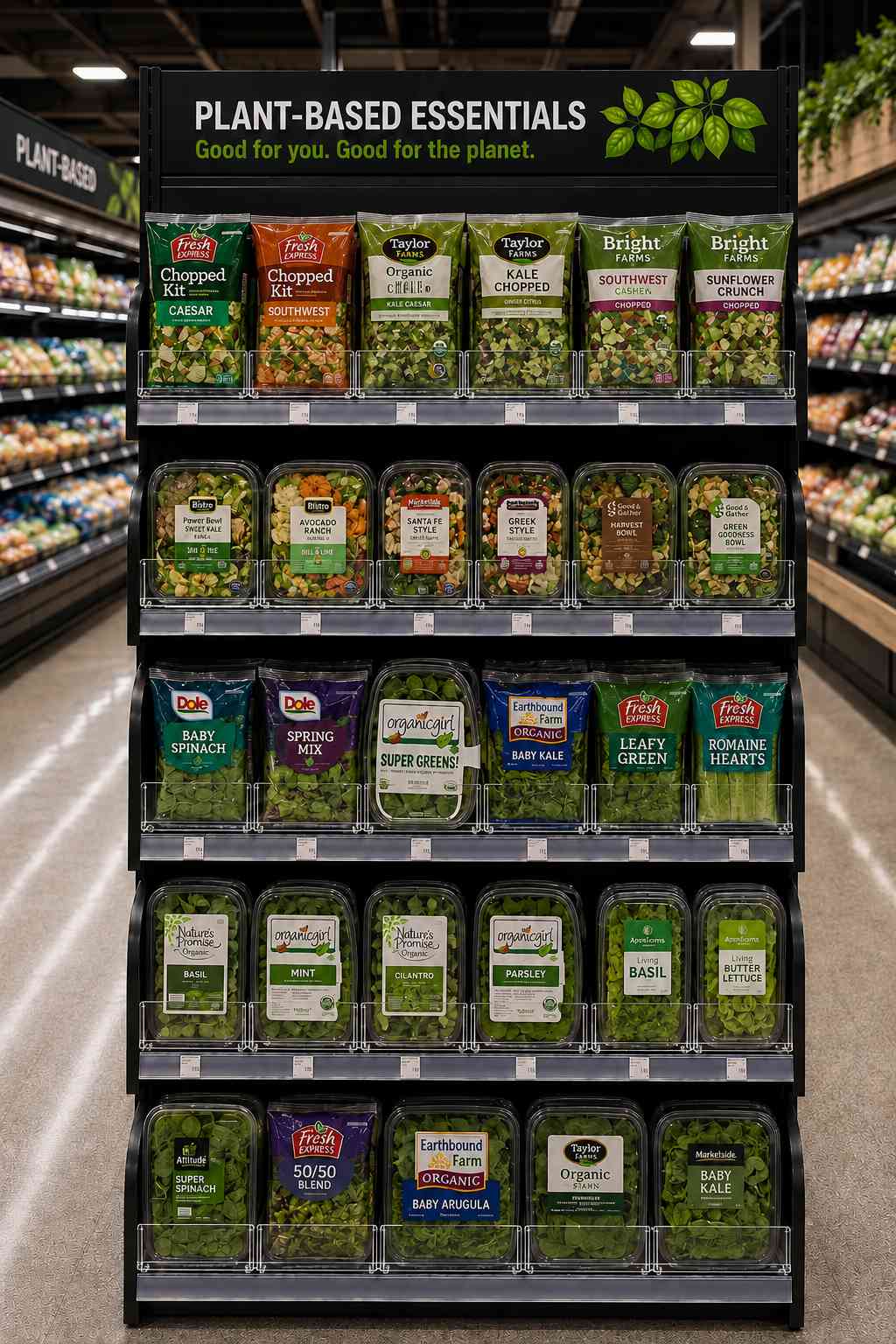 Colonne haute de produits végétaux entièrement garnie, du haut vers le bas, sans trou dans les rangées