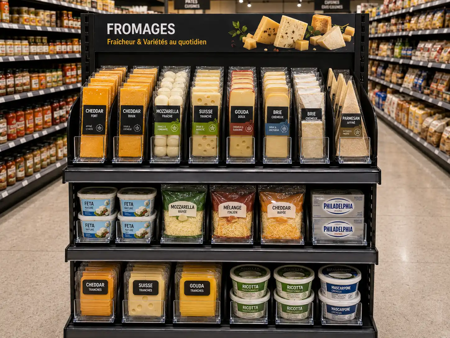 Vue rapprochée d'un présentoir de fromages : tranches sur tablettes inclinées, tartinades en dessous