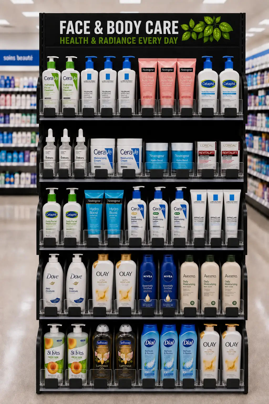 Face and body care display — Personal Care Shelf Management Systems | Concept P.O.S. Face and body care section of personal care with bottles pushed to the shelf edge