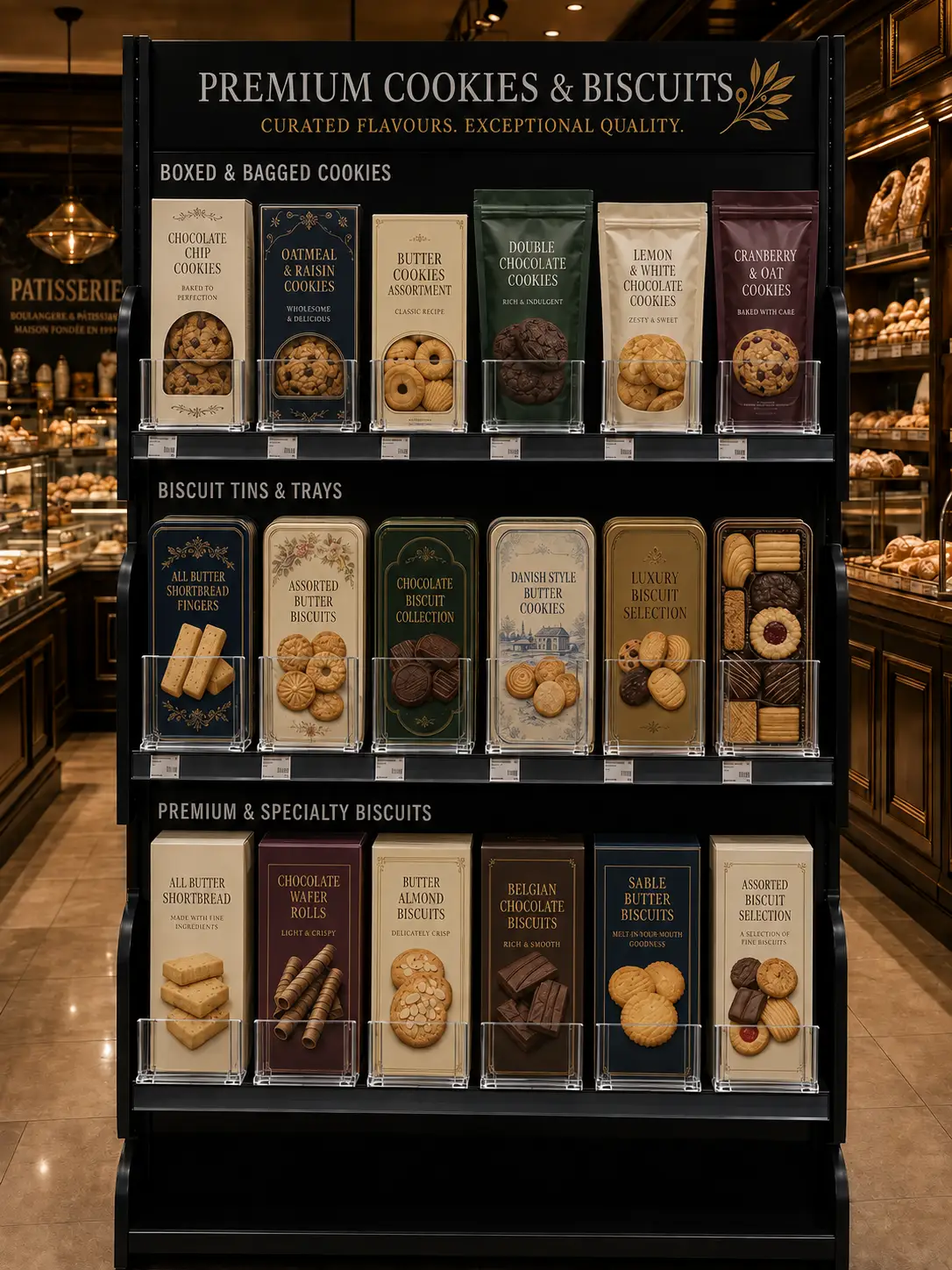 Module de biscuits fins emballés — Systèmes de poussoirs à tablettes pour desserts | Concept P.O.S. Module étroit de desserts et de biscuits fins, chaque rangée poussée vers l'avant de la tablette