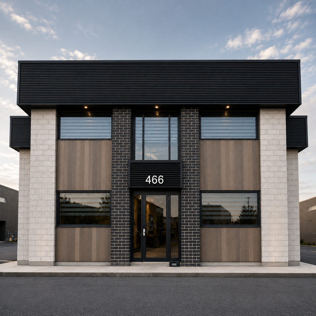 Façade d'un immeuble commercial en brique claire, auvent noir et entrée vitrée au numéro 466
