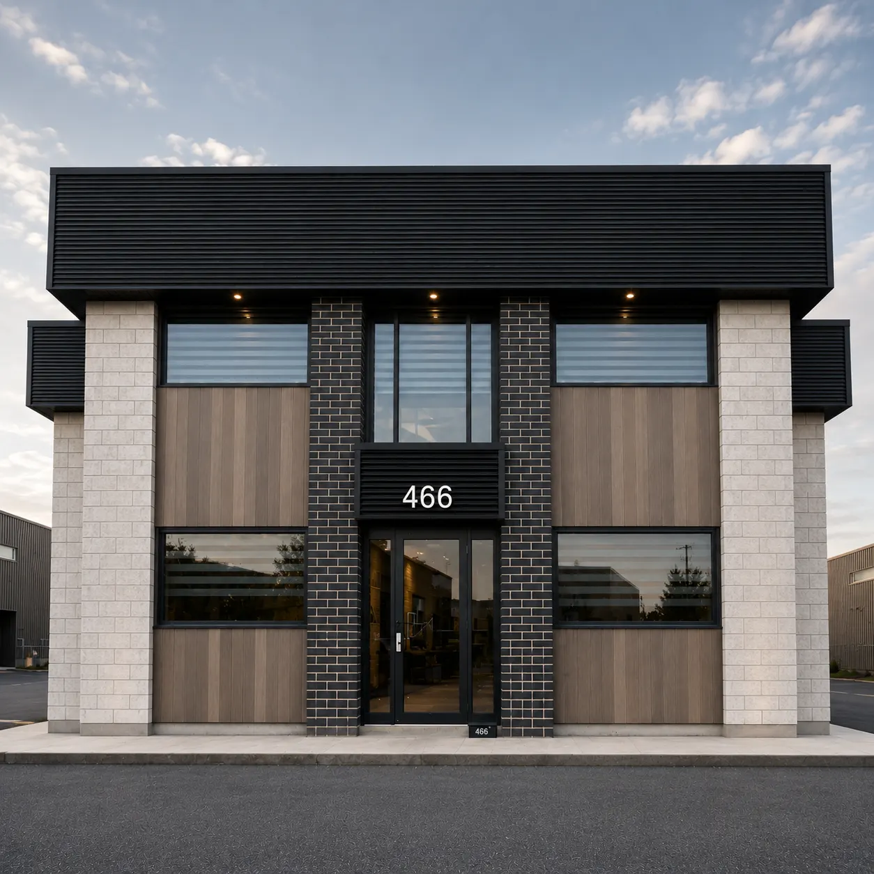 Façade d'un immeuble commercial en brique claire, auvent noir et entrée vitrée au numéro 466