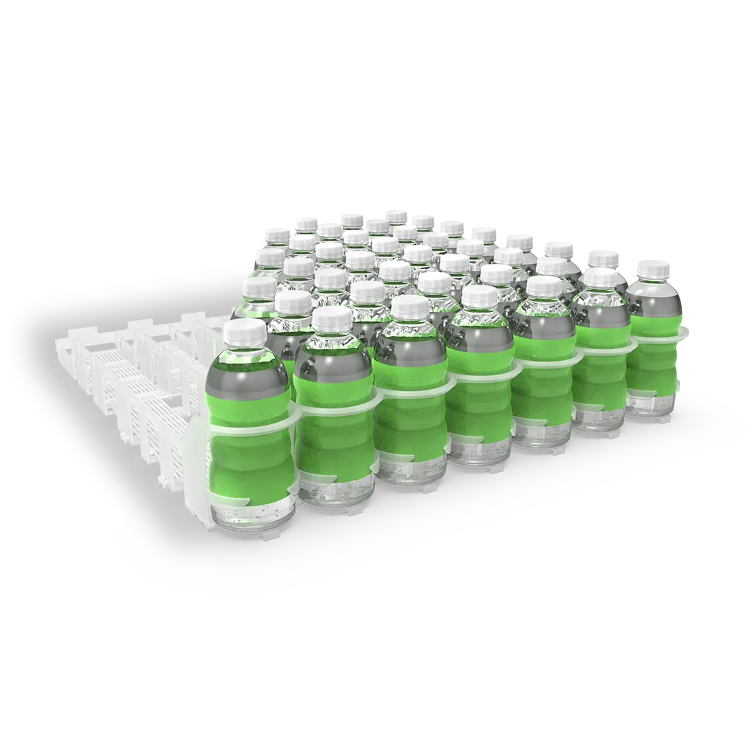 Glissière à boissons pour tablettes inclinées — Concept P.O.S. Glissière à boissons translucide remplie de bouteilles individuelles